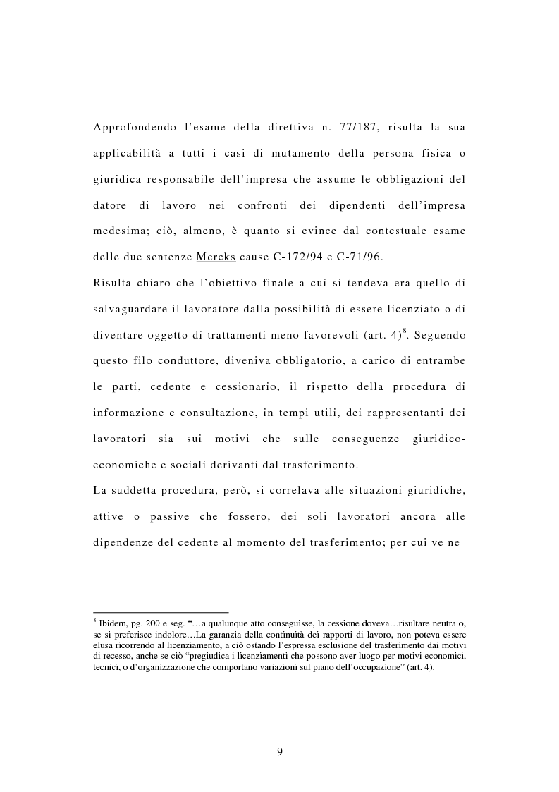 Anteprima della tesi: La tutela dei diritti dei lavoratori in caso di trasferimento d'azienda e di privatizzazione dei servizi pubblici locali, Pagina 7