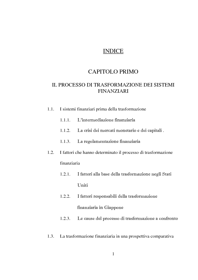 Indice della tesi: Aspetti di alcune problematiche del sistema bancario giapponese correlate all'andamento del sistema nordamericano, Pagina 1