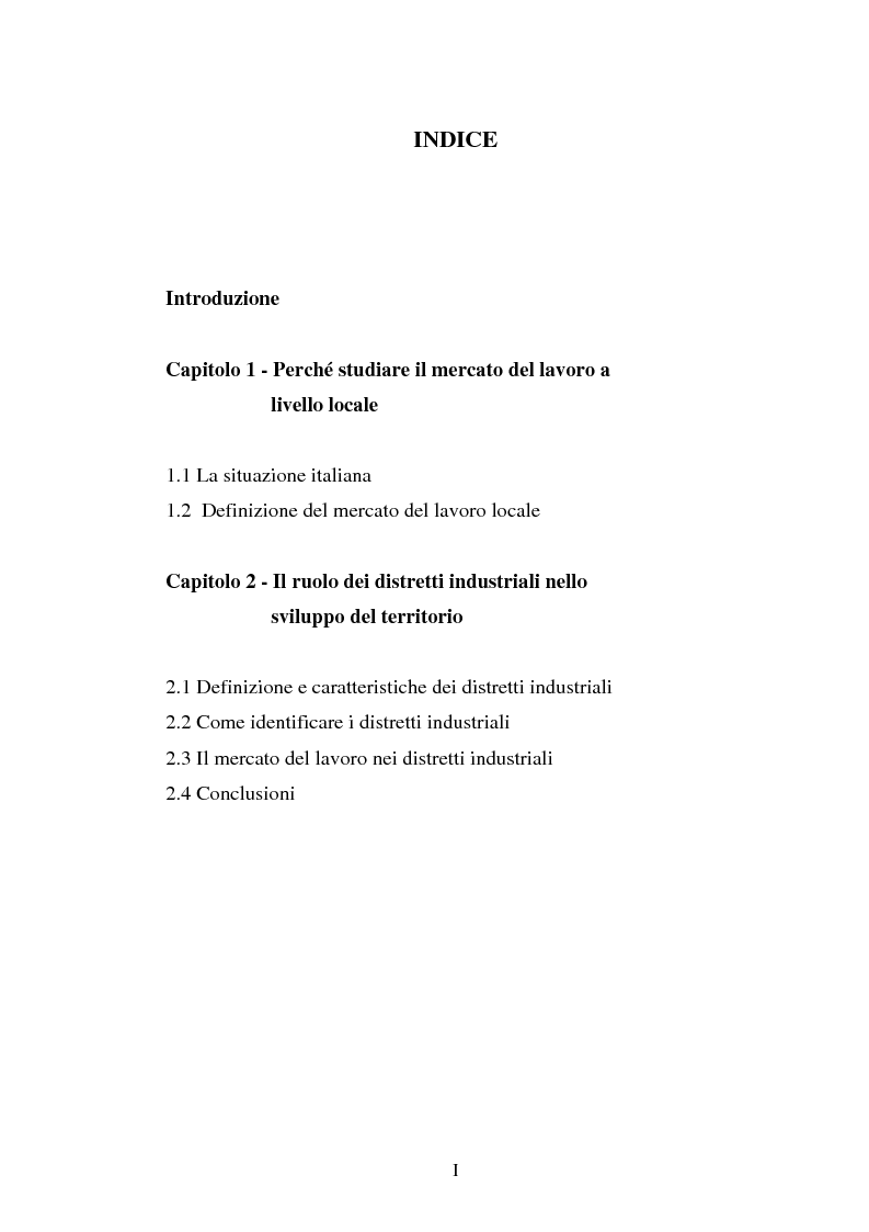 Indice della tesi: Un approccio territoriale al mercato del lavoro: aspetti analitici e strategici, Pagina 1