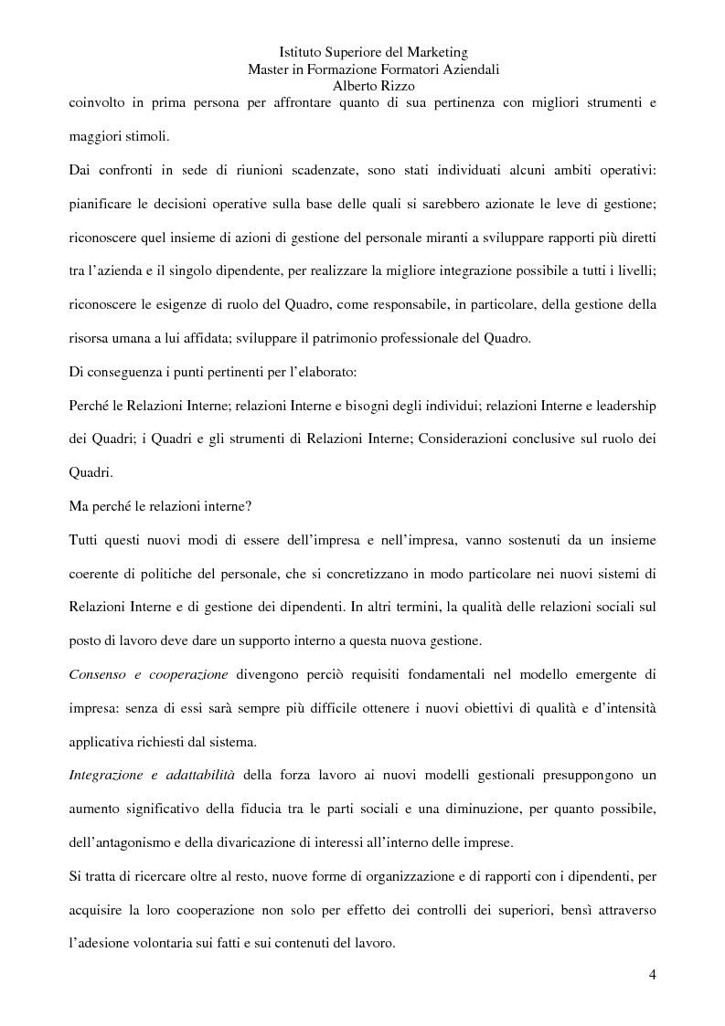 Anteprima della tesi: Le Relazioni Interne: il Quadro. Il rapporto diretto lavoratore/azienda uomo/organizzazione, Pagina 2