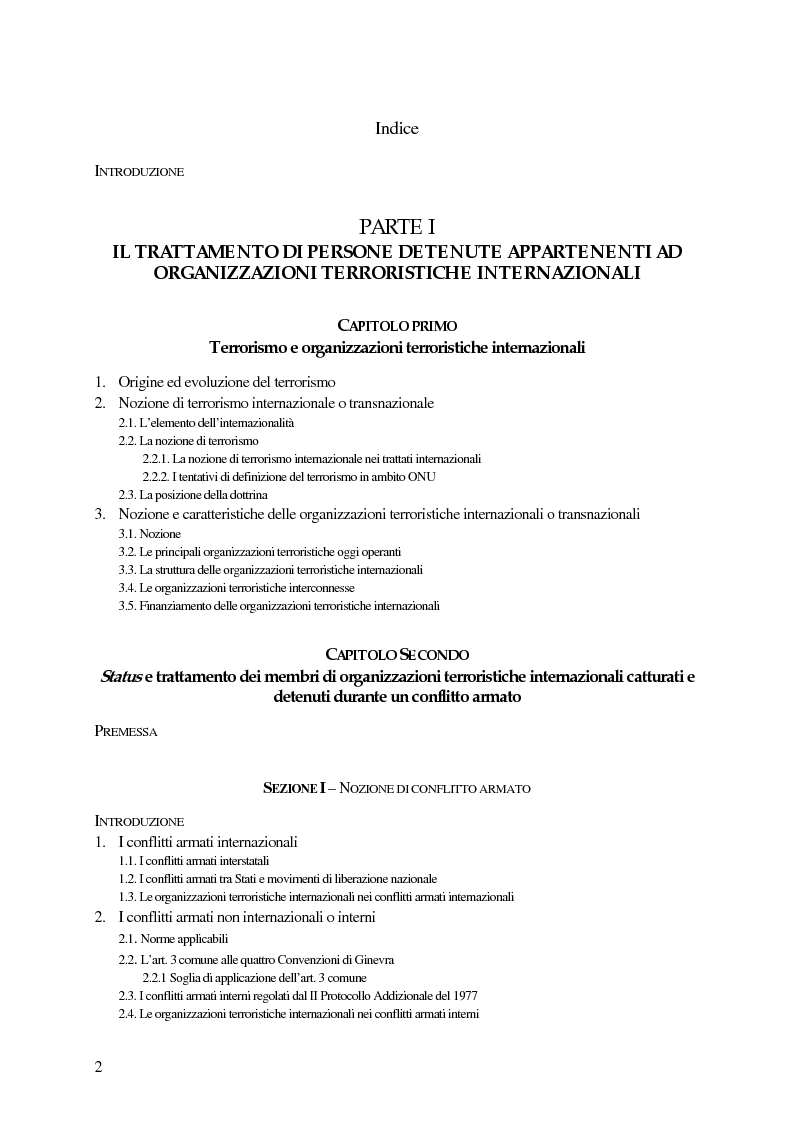 Indice della tesi: Il trattamento dei membri di organizzazioni terroristiche internazionali con particolare riguardo al ''caso Guantanamo'', Pagina 1