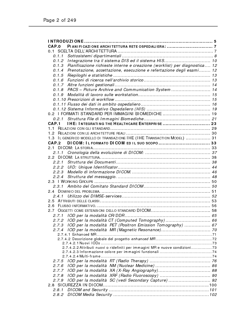 Indice della tesi: Integrazione delle tecniche di imaging in ambiente ospedaliero Intranet, Pagina 1
