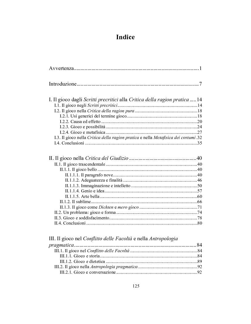 Indice della tesi: Il concetto di gioco nella filosofia di Immanuel Kant, Pagina 1