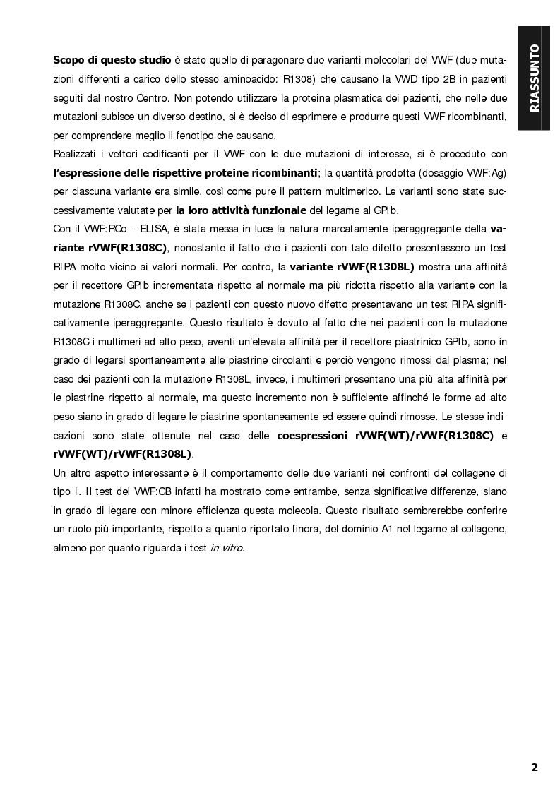 Anteprima della tesi: Malattia di von Willebrand: Espressione in vitro di varianti molecolari di tipo 2B e valutazione della interazione con la glicoproteina Ib, recettore piastrinico specifico del fattore di von Willebrand, Pagina 2