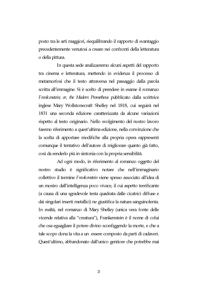 Anteprima della tesi: La metamorfosi di Frankenstein. Adattamenti e trasposizioni dal romanzo di Mary Shelley., Pagina 3