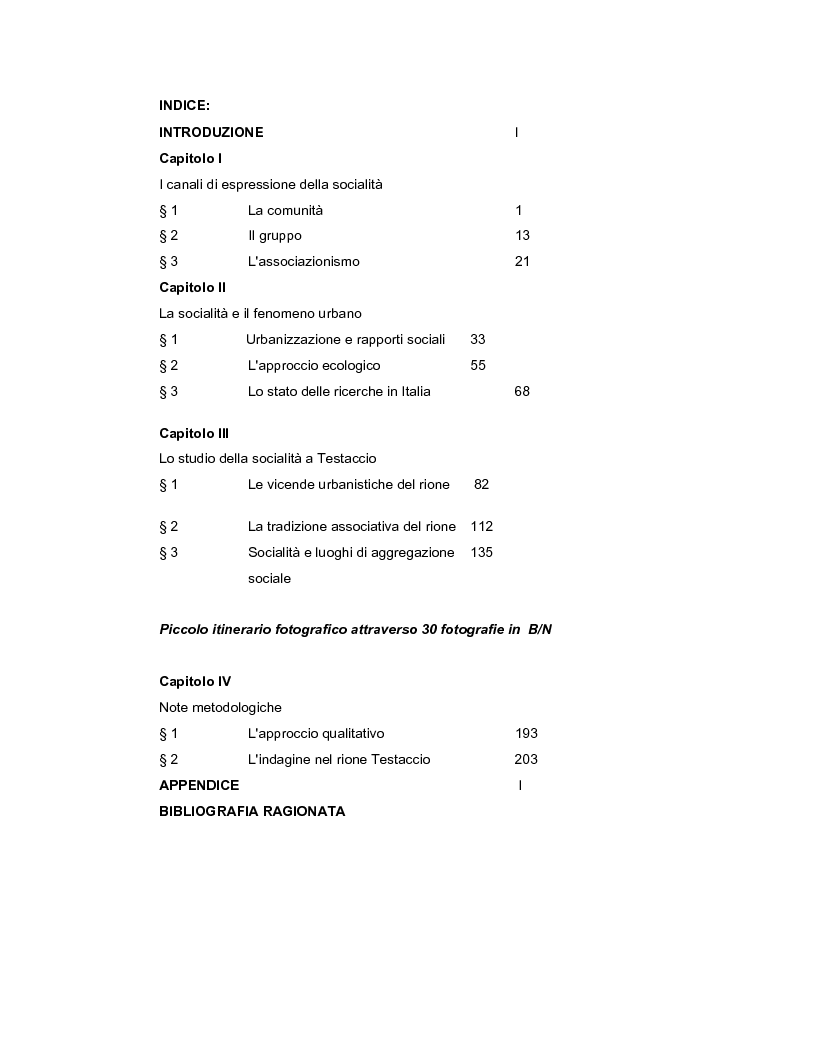 Indice della tesi: Socialità e luoghi di aggregazione in un contesto urbano: lo studio di caso del rione Testaccio a Roma, Pagina 1