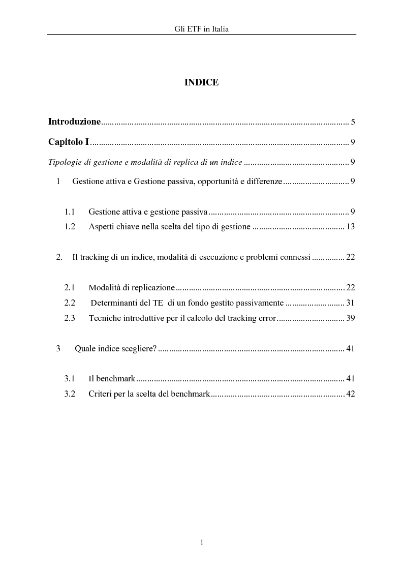 Indice della tesi: Gli ETF in Italia, Pagina 1