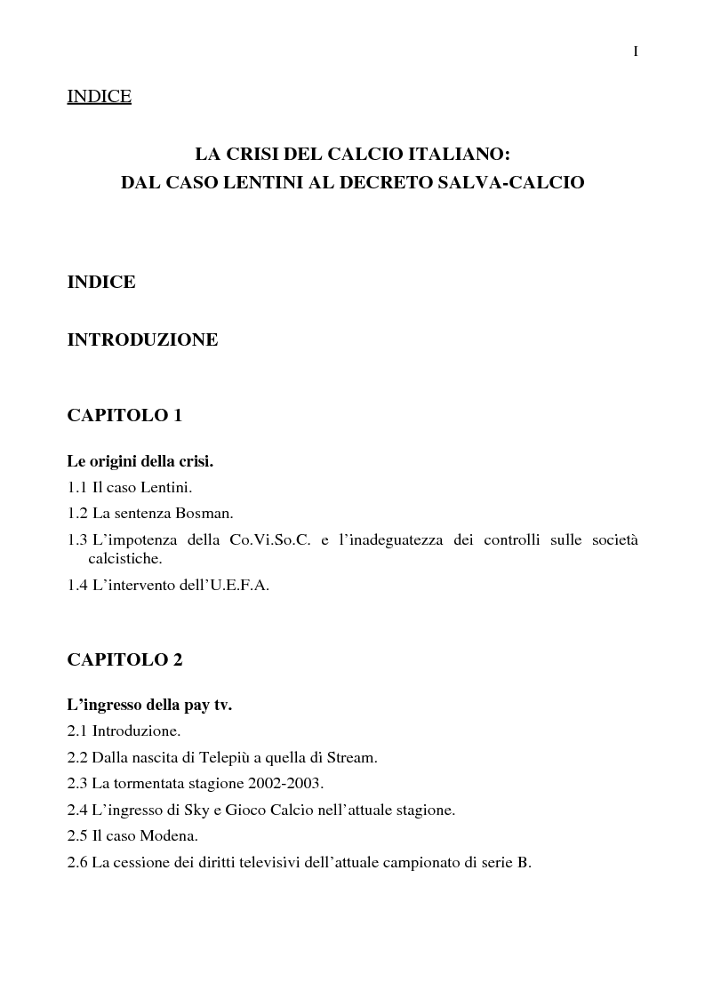 Indice della tesi: La crisi del calcio italiano: dal caso Lentini al decreto salva-calcio, Pagina 1
