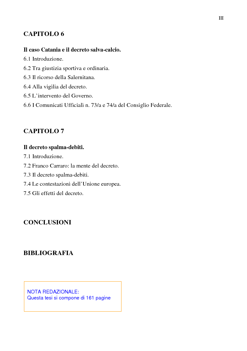 Indice della tesi: La crisi del calcio italiano: dal caso Lentini al decreto salva-calcio, Pagina 3