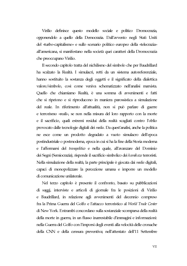 Anteprima della tesi: Dromocrazia e semiocrazia - Una lettura della società postmoderna in Virilio e Baudrillard, Pagina 2