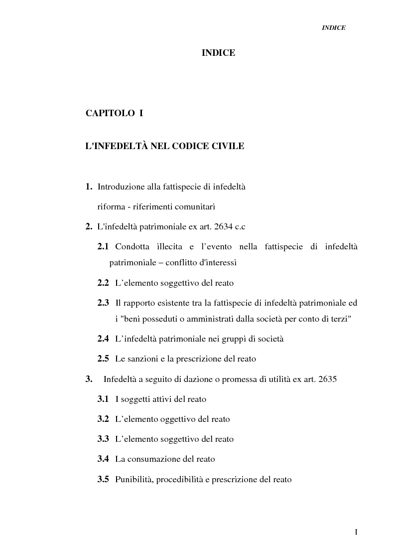 Indice della tesi: Le fattispecie di Infedeltà, Pagina 1