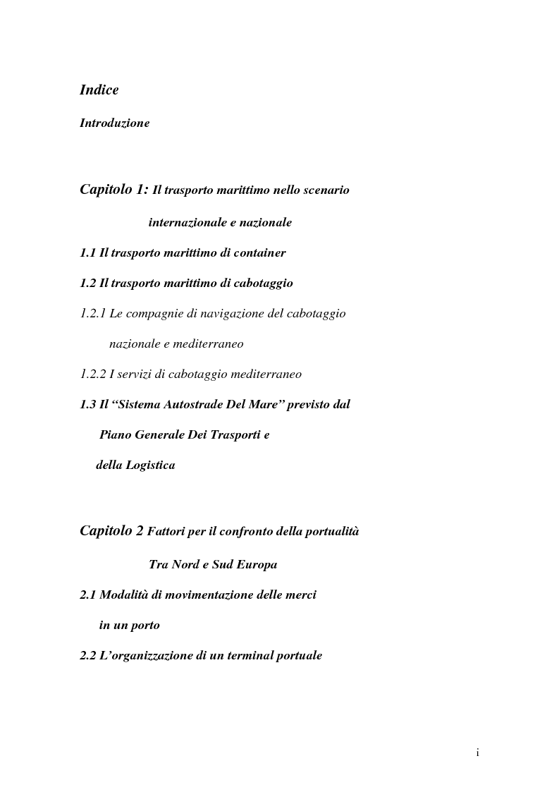 Indice della tesi: La logica del sistema portuale per lo sviluppo del trasporto combinato strada-mare in Sicilia, Pagina 1