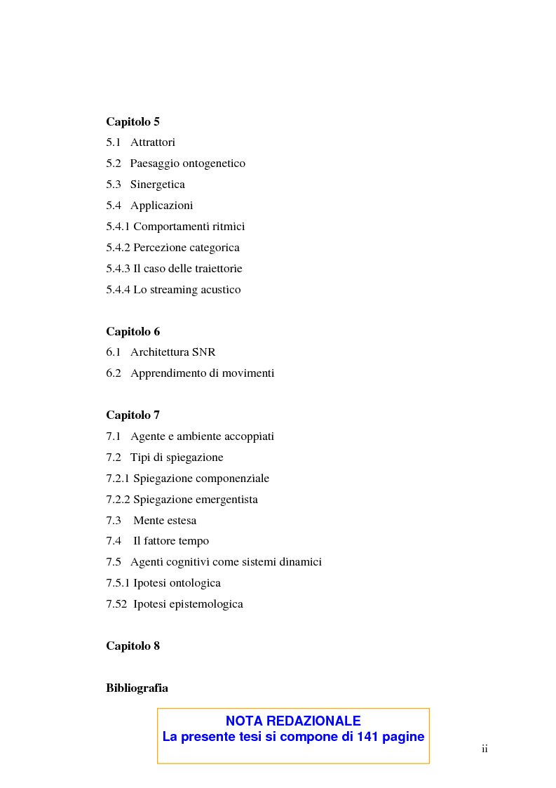 Indice della tesi: Agenti cognitivi incorporati. La prospettiva dei sistemi dinamici, Pagina 2