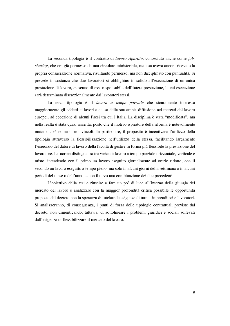 Anteprima della tesi: Riforma ''Biagi''. Titolo V. Tipologie contrattuali a orario ridotto, modulato o flessibile: lavoro intermittente, ripartito e a tempo parziale., Pagina 3