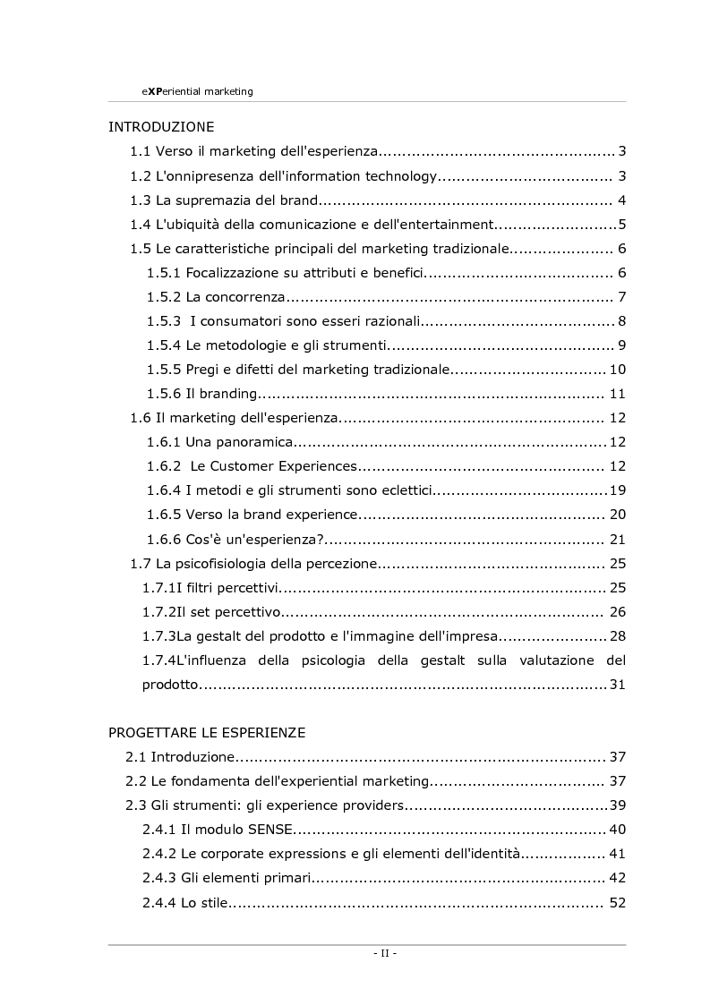 Indice della tesi: Experiential marketing. Un'esperienza nel settore dell'arredamento., Pagina 2