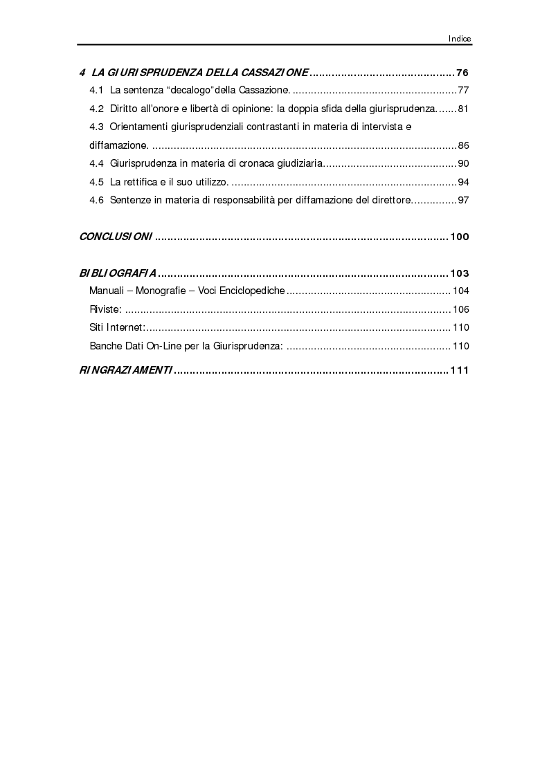 Indice della tesi: Diffamazione a mezzo stampa e diritto di cronaca, Pagina 2