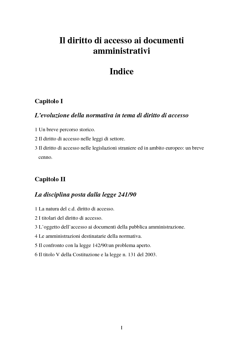 Indice della tesi: Il diritto di accesso ai documenti amministrativi, Pagina 1