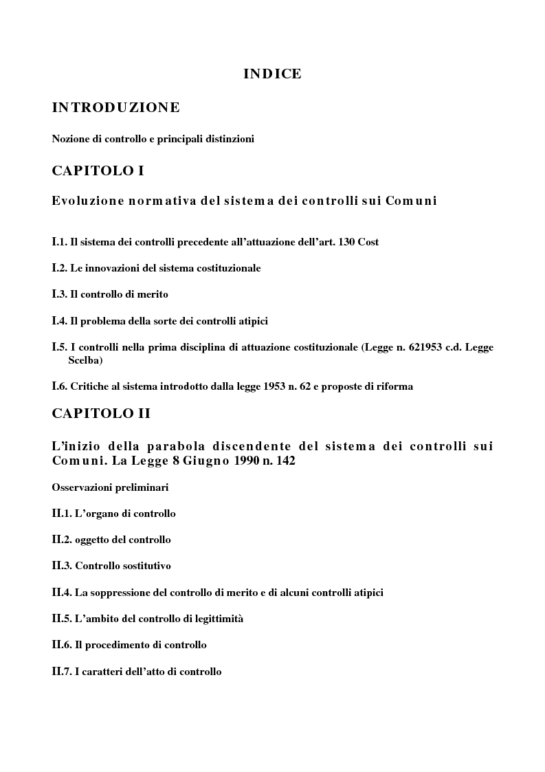 Indice della tesi: Il sistema dei controlli sui comuni, Pagina 1